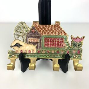 Key Towel Holder Hooks Wall Hanging Decor Brass House Cottage Flowers Sheep Vtg